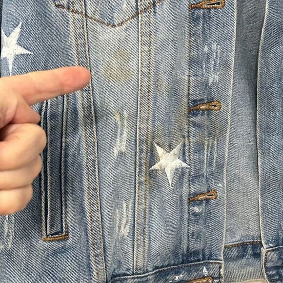 Style Me Distressed Denim Jacket Women's Size ( S ), Embroidered Stars #BH - Picture 6 of 6